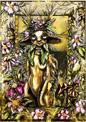 Magic character, fairytale creature, cute, forest resident, with big eyes. In a flower wreath on his head, with large ears and long branched horns, who lives among beautiful flowers and mushrooms.