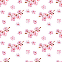 Watercolor background drawing with branches and cherry blossoms