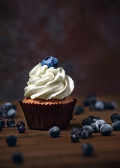 vertical photo with chocolate cupcake with cream and blueberries  on brown wooden background