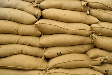 Bags of dried coffee cherries ready for export