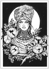 Indian girl with turban, with a big lips and long braids, with nice large decoration or collar on the neck and round earring, on the background of the moon surrounded by flowering peonies and leaves.