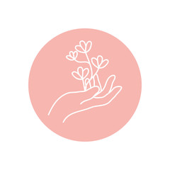 delicate hand with leaves icon, line block style