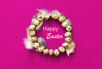 A circle of quail eggs and feathers on a bright pink background.
