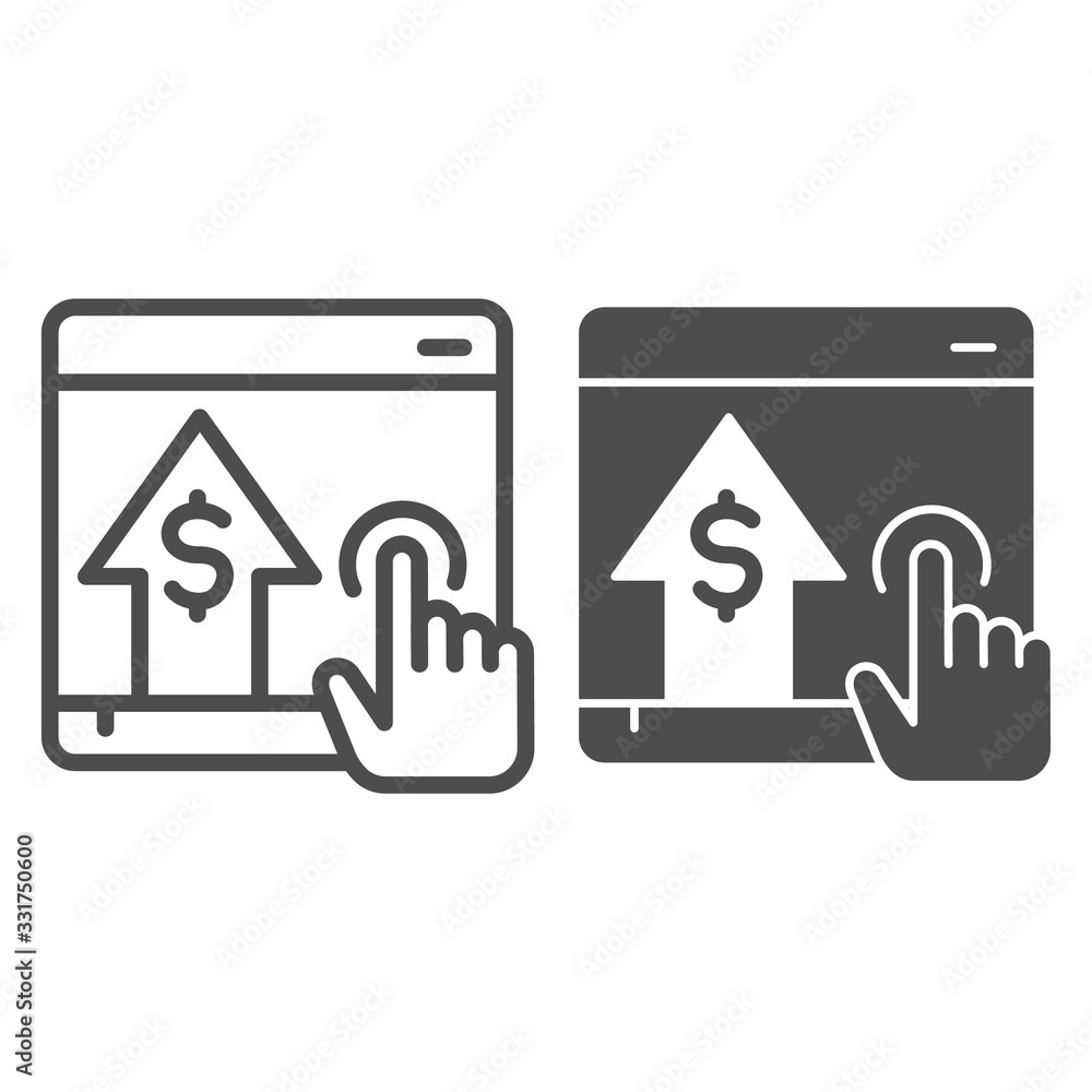 Poster click on screen and arrow line and solid icon. dollar growth tablet with hand pointer symbol, outlin