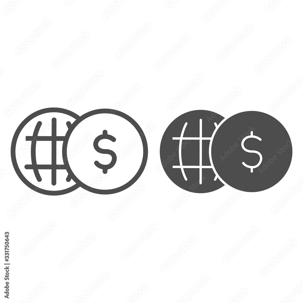Poster world globe and dollar line and solid icon. planet earth with large coin symbol, outline style picto