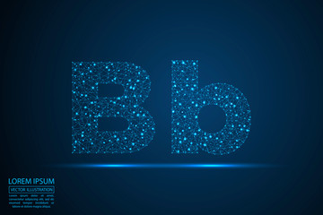 English letters abstract font consists 3d of triangles, lines, dots and connections. On a dark blue background cosmic universe stars, meteorites, galaxies. Vector illustration EPS 10. © Yuriy