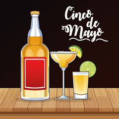 cinco de mayo celebration card with tequila bottle and cups