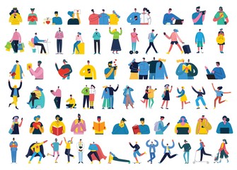 Bundle of cartoon men and women performing outdoor activities on city street. Flat colorful vector illustration people walking,standing, talking, running, jumping, sitting, dancing