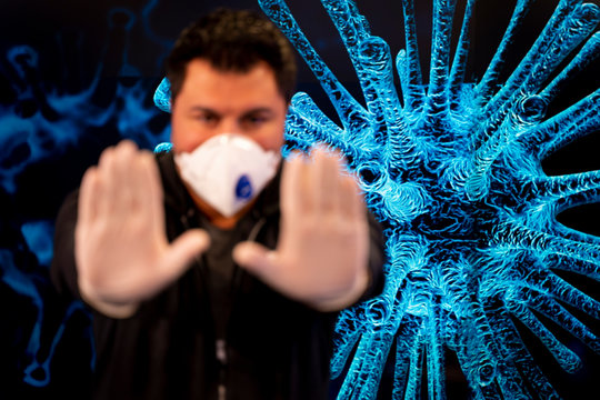 Covid-19 and Air pollution pm2.5 concept. Man wearing mask for Virus and show stop hands gesture for stop corona virus outbreak. Covid19 coronavirus and epidemic virus symptoms.