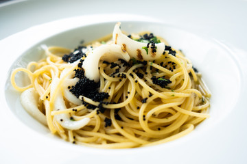 Calamari and Caviar over spaghetti, delicious, clean eatting