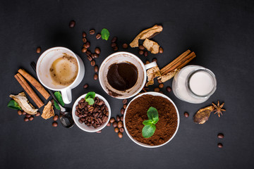 Plakat Composition on a yair background with milk, fragrant coffee, salted carmela, dried mushrooms, mint.