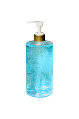 Clear hand sanitizer in a clear pump bottle isolated on a white background