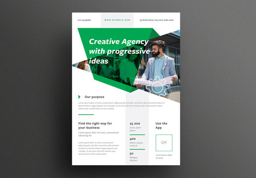 Business Flyer Layout with Green Triangle Overlay Element