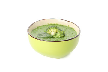 Bowl with broccoli soup isolated on white background