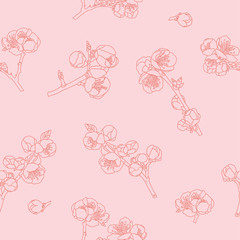  Seamless pattern with delicate pink wild cherry flowers. Branches of Japanese Cherry. Vector illustration on a pink background in cartoon style. For posters, postcards, printing, textiles, web pages.