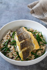 Mushroom risotto with samphire and pan fried sea bass