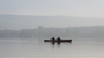 Boating in the dawn on Lake Constance (Bodensee); Germany