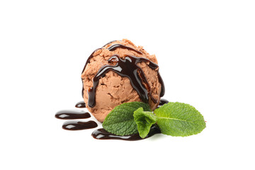 Ice cream with topping and mint isolated on white background