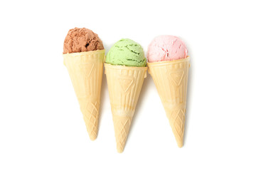 Ice cream in wafer cones isolated on white background