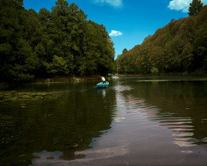 man rowing a boat in a green water dam in Mexico