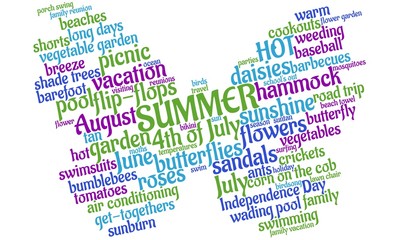 Summertime tag cloud in the shape of a butterfly
