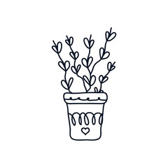 cute plant with leaves in a pot icon, line style, minimalist tattoo concept
