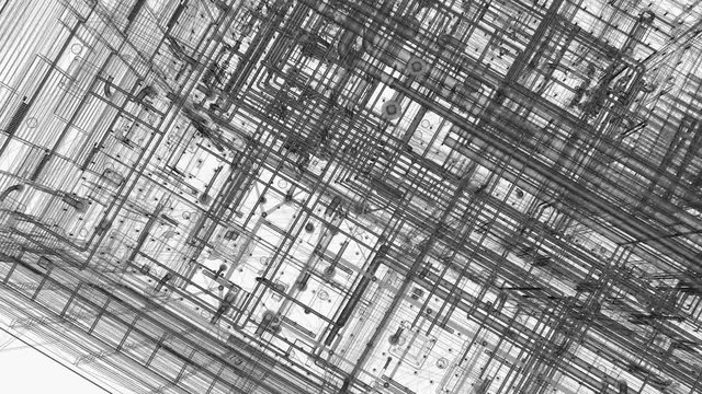 Top view of BIM model of MEP the building at wareframe view