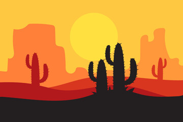 beautiful landscape of desert landscape with cactus mountains, abstract desert background vector illustration template suitable for landing page banner magazin poster