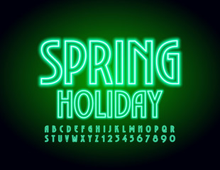 Vector green trendy banner Spring Holiday. Neon electric Font. Glowing Alphabet Letters and Numbers