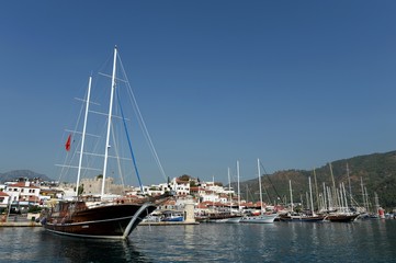 Fototapeta na wymiar Turkish gulet ships at the pier of the Turkish city of Marmaris