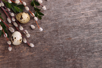 Easter decoration, quail eggs and willow on a dark background