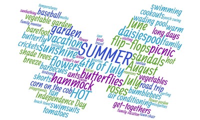 Butterfly shaped word cloud about summer