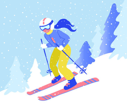 a young woman going skiing on a snowy day - flat vector illustration