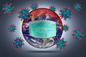 Fototapeta premium Coronavirus earth world globe respirator breathing face mask. Corna virus global outbreak pandemic epidemic medical prevention concept.Elements of this image furnished by NASA