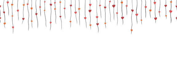 Red hearts hanging from strings seamless vector border. Isolated hand drawn heart shapes on white background. Repeating pattern for Valentine, Mothers day cards, wedding invitations