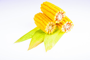 Ripe corn on the cob on a white background