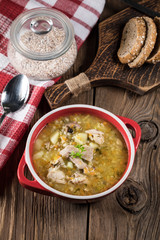 Barley soup with vegetables and chicken.