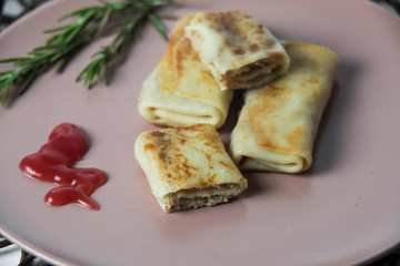pancakes with cottage meat, homemade traditional Ukrainian dish nalysnyky