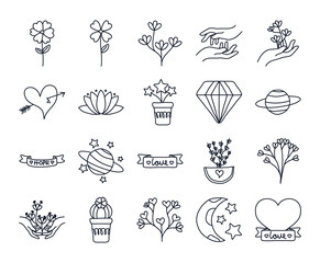 flowers and minimalist tattoo concept icon set, line style