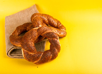 Tasty turkish bagels on tablecloth
