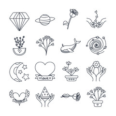 diamond and minimalist tattoo icon set, line style