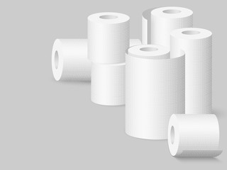 Set of realistic soft kitchen towels and toilet paper rolls. Isolated on grey background. Vector illustration.