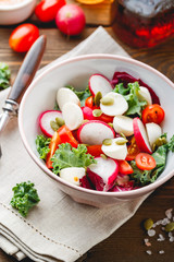 Salad with cherry tomatoes, radsh and mozzarella, lettuce mix