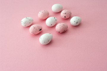 Pink easter eggs composition, copy space, banner, seasonal decoration