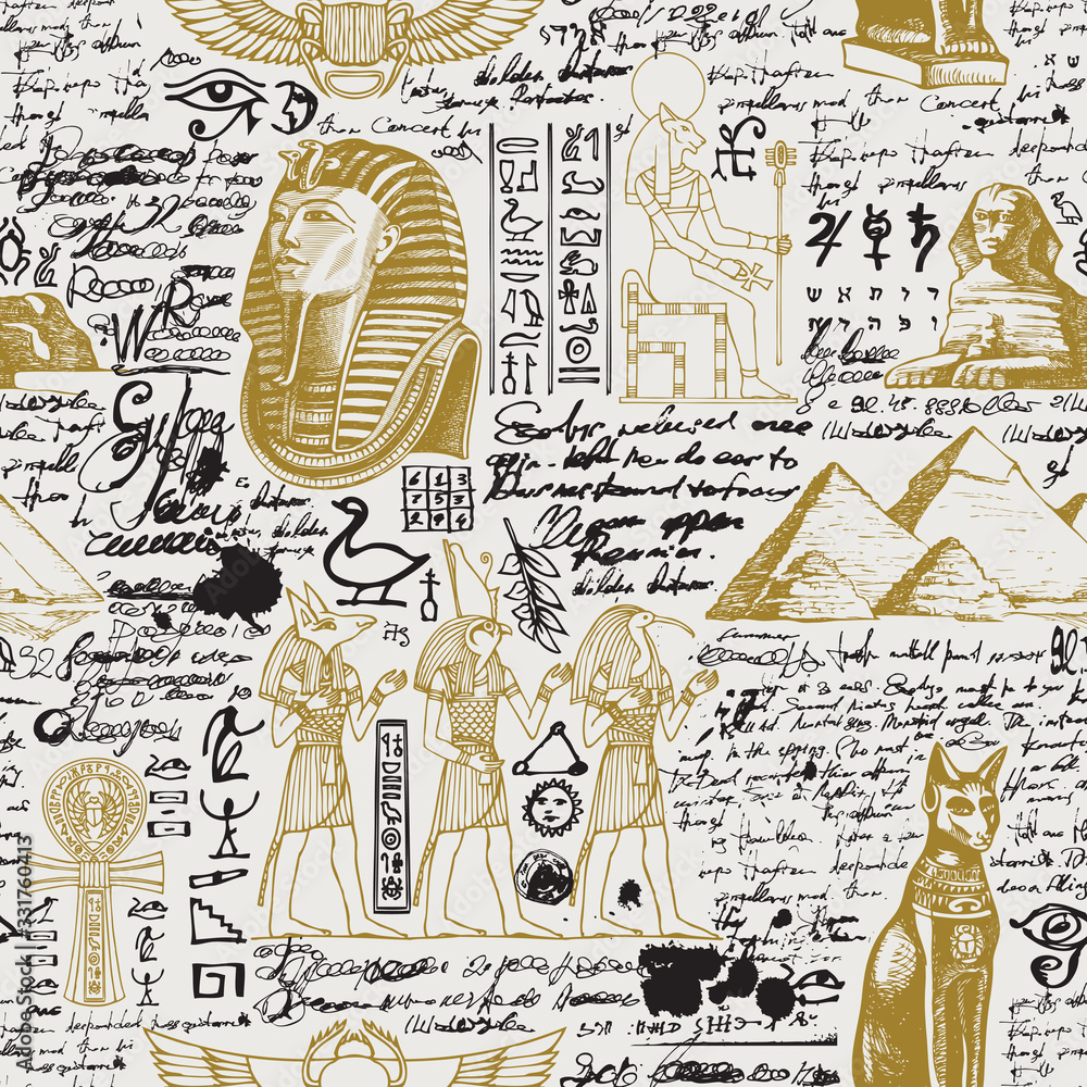 Aufkleber vector seamless pattern on the ancient egypt theme with unreadable notes, hieroglyphs and sketches i