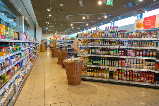 COLOGNE, GERMANY - CIRCA OCTOBER, 2018: interior shot of a REWE City supermarket in Cologne Bonn Airport.