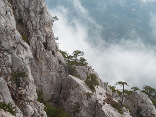 Clouds drift among the rocky cliffs.