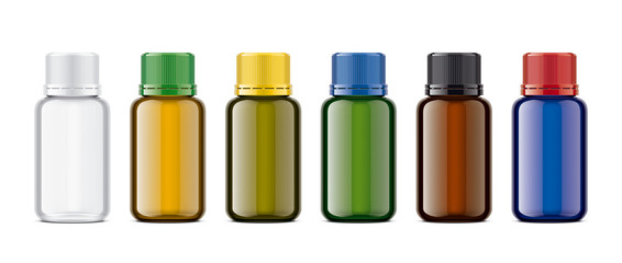 Set of Colored Transparent Bottles. Glossy surface.