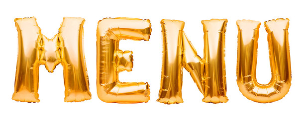 Naklejka premium Word MENU made of golden inflatable balloons isolated on white background. Helium balloons gold foil forming word menu. Cafe or restaurant theme, food and cooking concept.