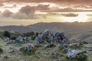 Sunset Views of Santa Cruz Mountains from Black Mountain. Monte Bello Open Space Preserve, Los...